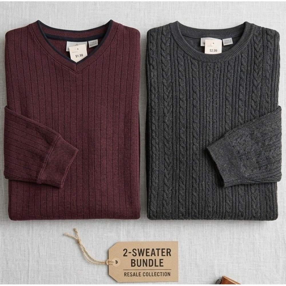 Farah Sweater Bundle Burgundy V-Neck Blue/Green Crew Neck Ribbed Knit - Small